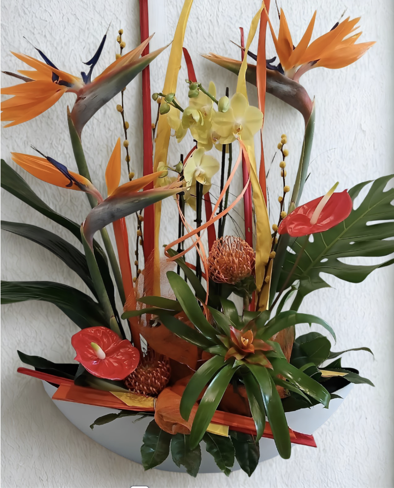 Composition tropicale orange et rouge avec oiseaux de paradis et anthuriums